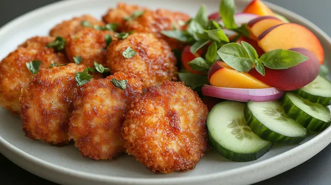 Leckere Hähnchen-Nuggets mit Salat in rustikaler Schüssel