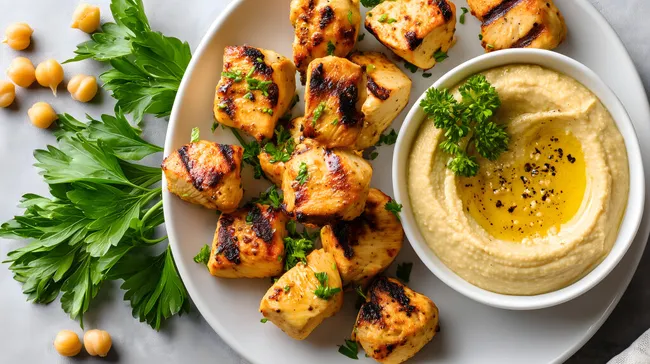 Leckere Hähnchenspieße mit Hummus-Dip und Kräutern