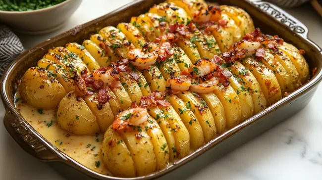 Leckere Hasselback-Kartoffeln mit Speck und Garnelen