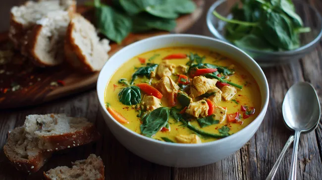 Leckere Hühnchen-Curry-Kokossuppe mit Spinat und Paprika
