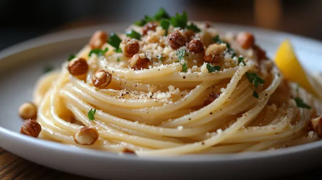 Leckere italienische Pasta mit gerösteten Haselnüssen und Parmesan