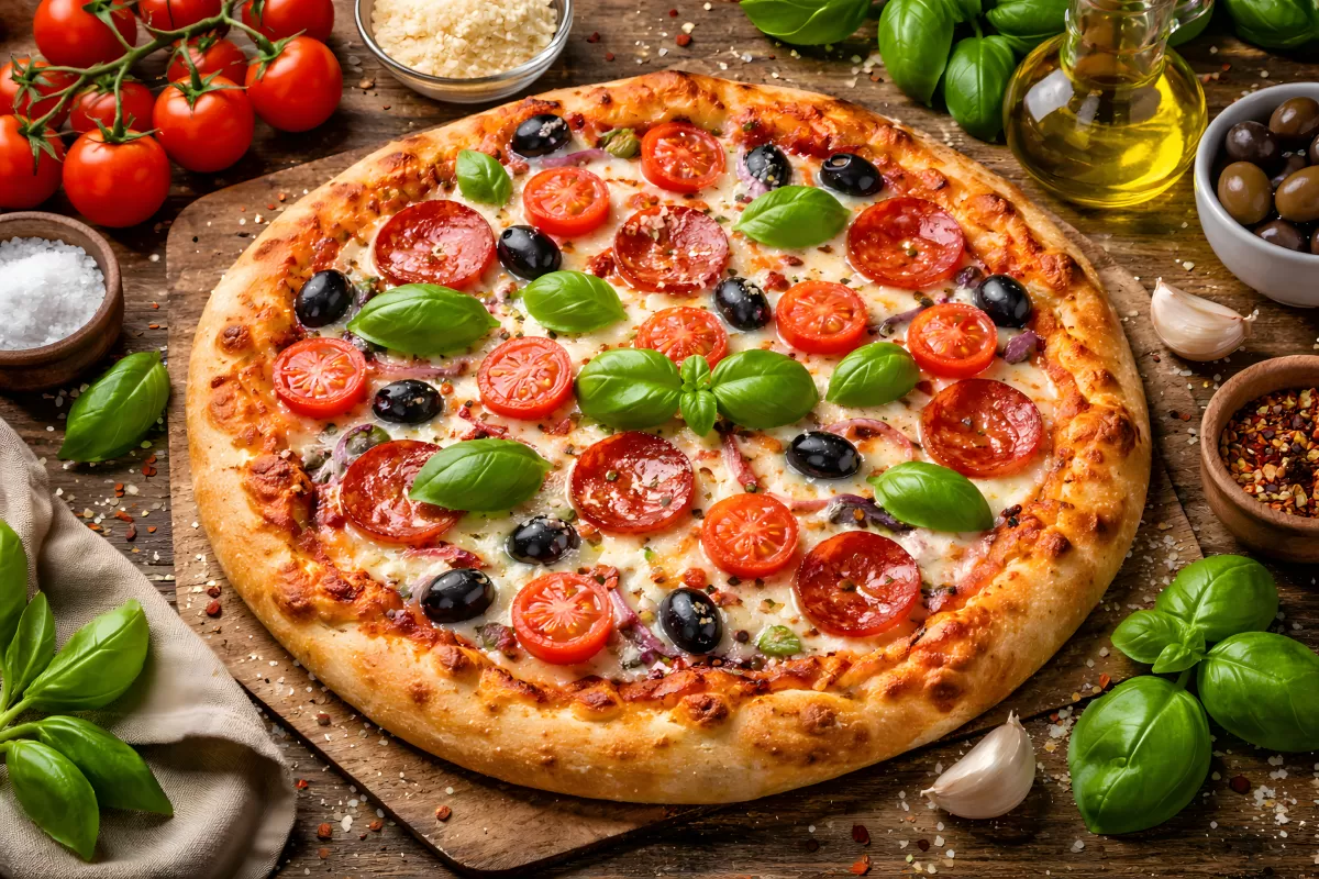 Leckere italienische Pizza mit Tomaten, Basilikum und Oliven