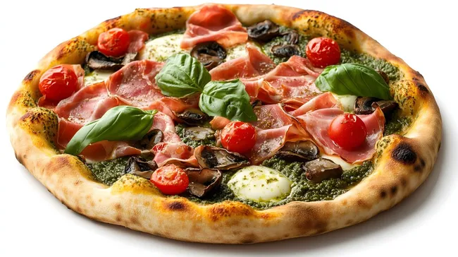 Leckere italienische Steinpilz-Prosciutto-Pizza mit Kirschtomaten