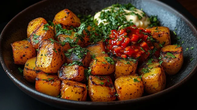Leckere Kartoffelspalten mit Harissa-Paste und Tomatendip