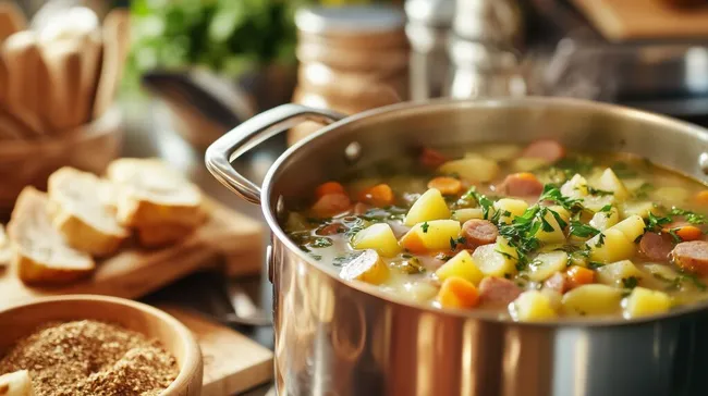 Leckere Kartoffelsuppe mit Würstchen in moderner Küche