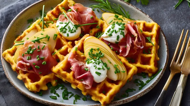 Leckere Kartoffelwaffeln mit Schinken, Birne und Schnittlauch