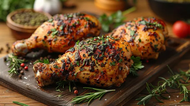 Leckere, knusprig gegarte Hühnerschenkel mit Gewürzen