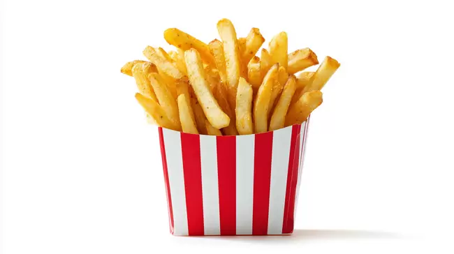 Leckere knusprige Pommes frites im Retro-Papiercontainer