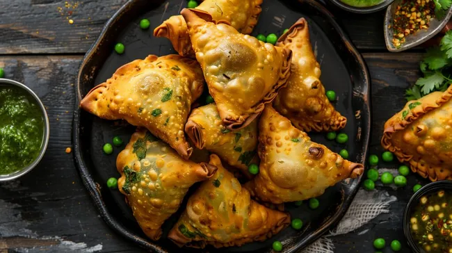 Leckere, knusprige Samosas auf rustikalem Teller