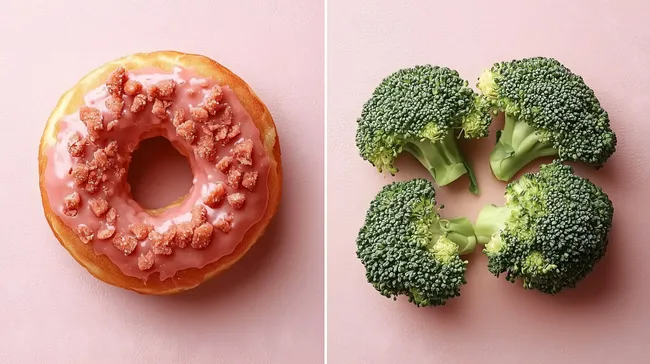 Leckere Köstlichkeiten: Rosaroter Donut und saftiges Brokkoli