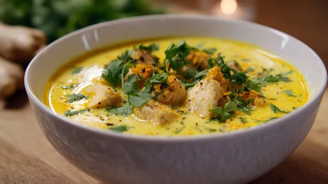 Leckere Kokossuppe mit Hühnchen und Koriander