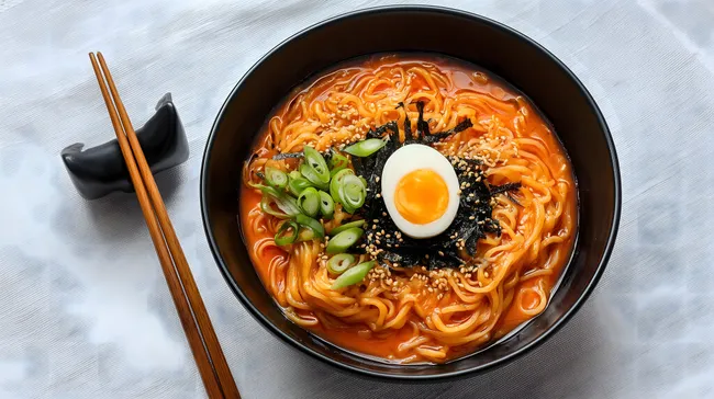 Leckere koreanische Nudelsuppe mit Ei und Gemüse