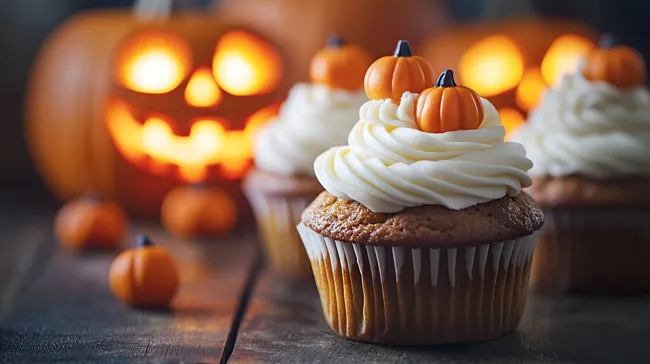Leckere Kürbis-Cupcakes mit Frischkäse-Frosting und Kürbissen