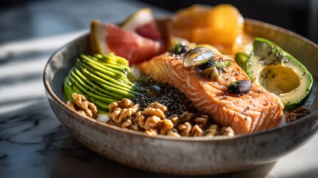 Leckere Lachs-Bowl mit Avocado und Nüssen