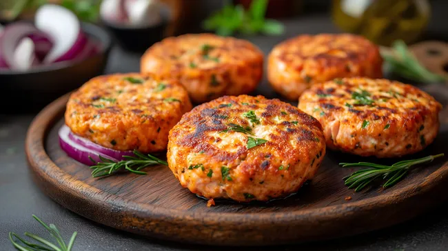 Leckere Lachsfrikadellen mit Kräutern auf Holzbrett