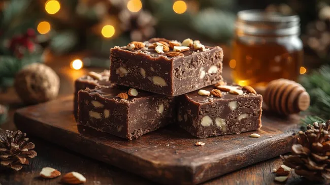 Leckere Lebkuchen-Fudge-Würfel mit gehackten Mandeln