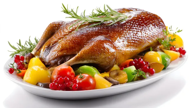 Leckere Mahlzeit mit gebratener Gans und Gemüse