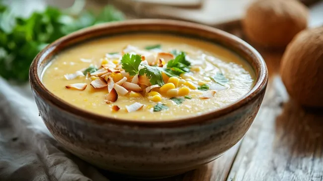 Leckere Maissuppe mit Kokosnuss und Kräutern in rustikaler Schüssel