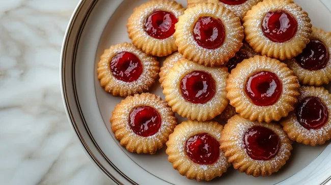 Leckere Marmeladenplätzchen auf weißem Teller