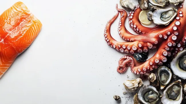 Leckere Meeresfrüchte und Fisch auf weißem Hintergrund