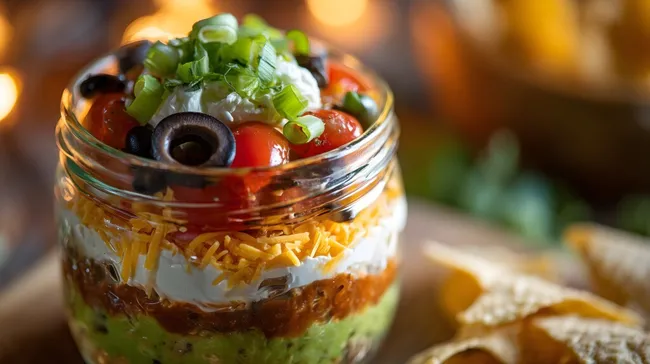 Leckere Mexikanische Nachos im Glas mit Gemüse und Käse