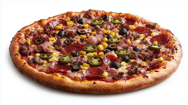 Leckere mexikanische Pizza mit Mais, Jalapeños und Oliven