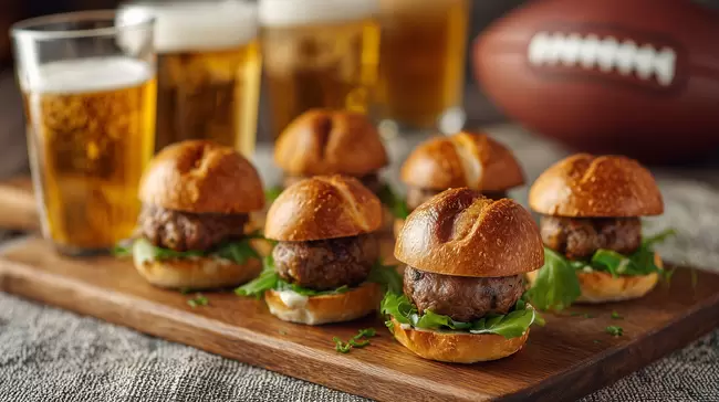 Leckere Mini-Burger mit Bier auf Holzbrett