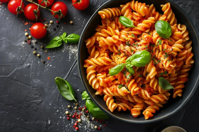 Leckere Nudeln mit Tomatensauce und Basilikum