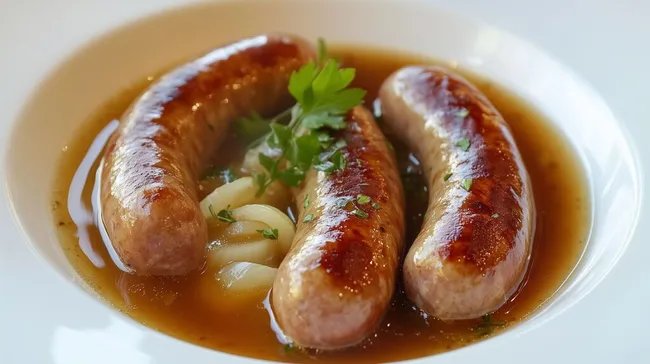Leckere Nürnberger Bratwürste in Zwiebelsud