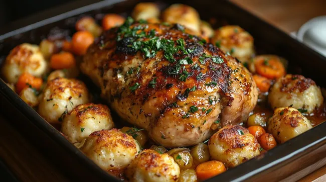 Leckere Ofengarnierte Hähnchenbrust mit Kartoffeln und Gemüse