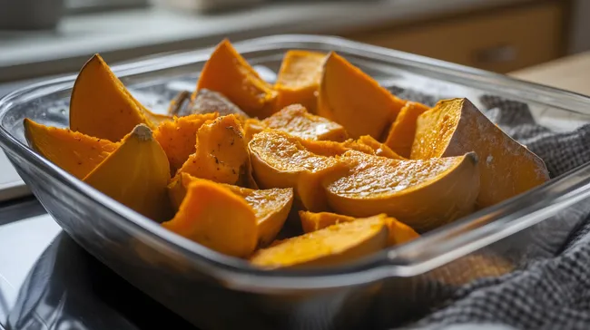 Leckere ofengebratene Kürbis-Scheiben in Glasschale