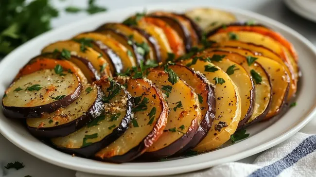 Leckere Ofengemüseplatte mit knusprigen Kartoffeln