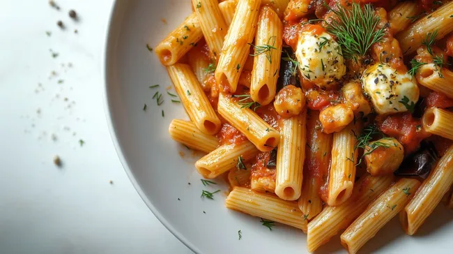 Leckere Pasta alla Norma in mediterraner Schüssel