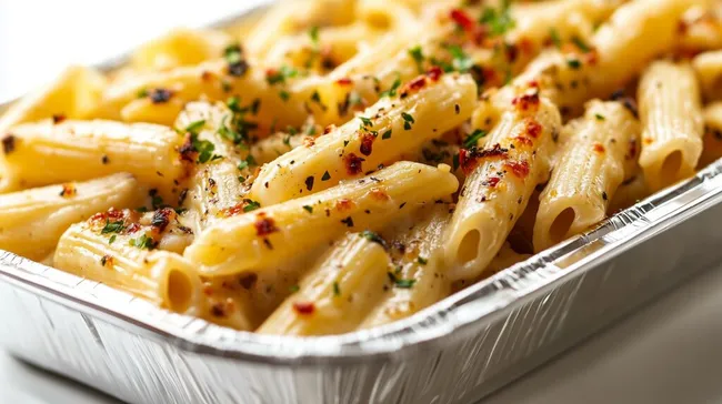 Leckere Pasta in Aluschale mit Kräutern