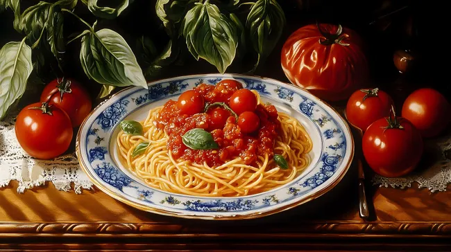 Leckere Pasta mit frischer Tomatensauce auf rustikalem Teller