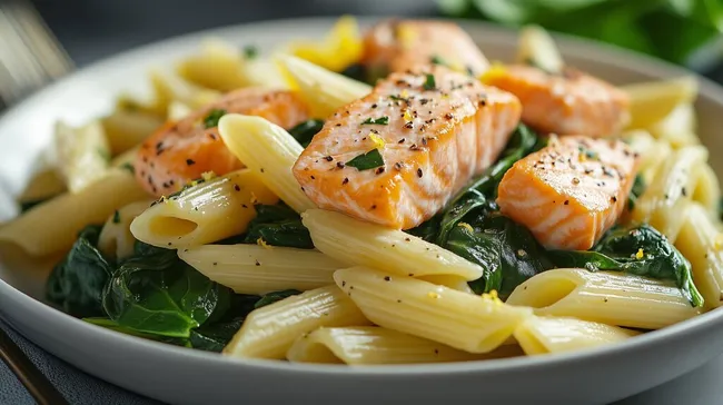 Leckere Pasta mit gebratenem Lachs und frischem Spinat
