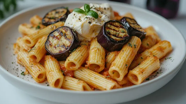 Leckere Pasta mit gegrillten Auberginen und Ricotta