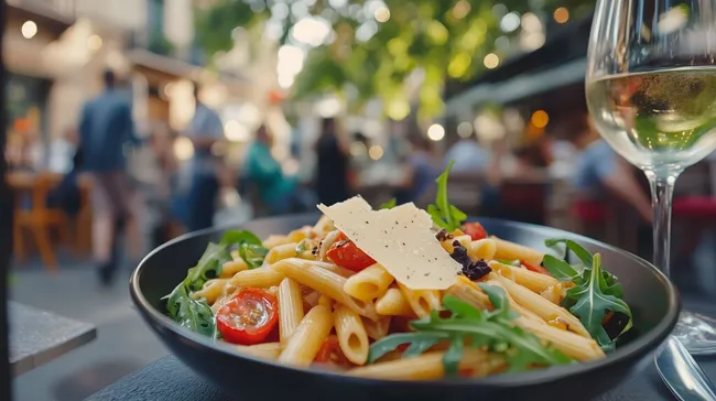 Leckere Pasta mit Gemüse und Parmesan auf Restaurantterrasse