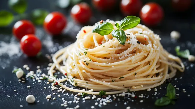 Leckere Pasta mit Parmesan, Basilikum und Kirschtomaten