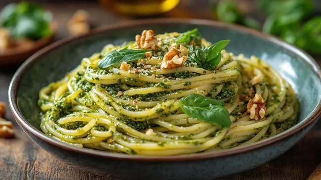 Leckere Pasta mit Pesto und Walnüssen