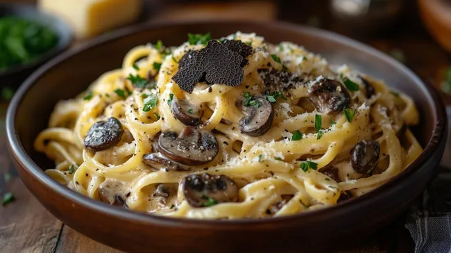 Leckere Pasta mit Pilzen und Trüffeln in cremiger Sauce