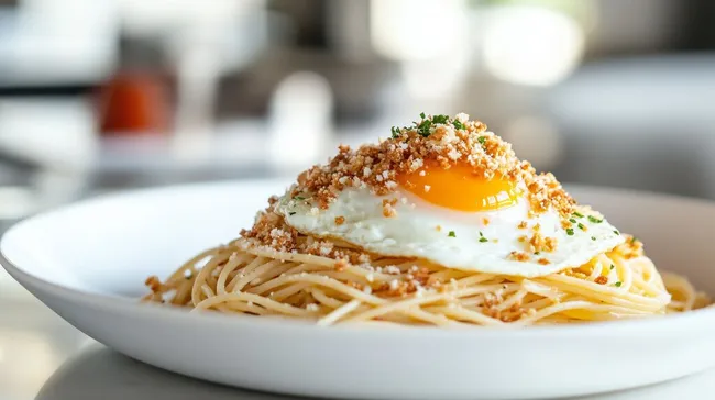 Leckere Pasta mit Spiegelei und Semmelbröseln