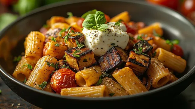 Leckere Pasta-Pfanne mit gegrilltem Gemüse und Ricotta