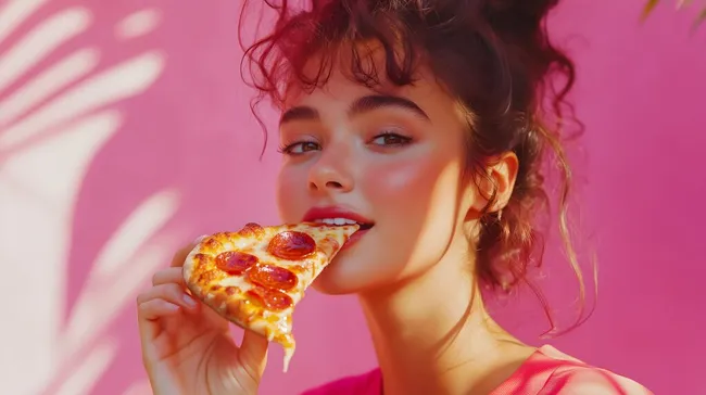 Leckere Pepperoni-Pizza beim Essen einer jungen Frau