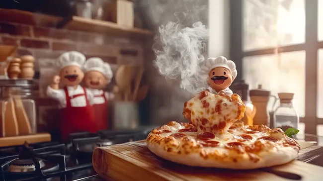 Leckere Pepperoni-Pizza mit Käsetopping und Kochfiguren