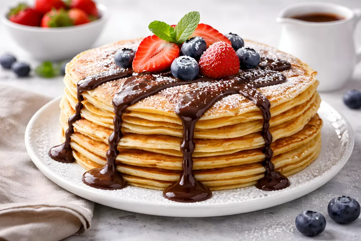 Leckere Pfannkuchen mit Schokolade und Früchten