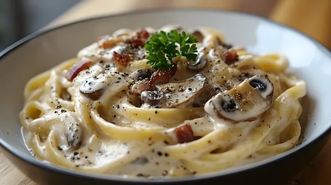 Leckere Pilz-Nudeln mit Speck in cremiger Sauce