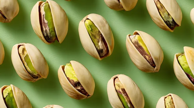 Leckere Pistazien in Schale auf grünem Hintergrund
