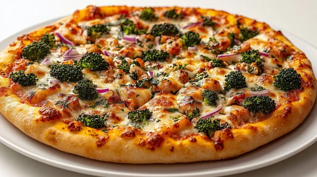 Leckere Pizza mit Brokkoli und roten Zwiebeln