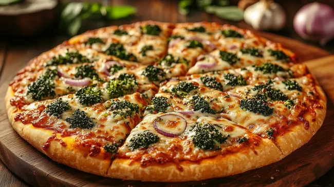 Leckere Pizza mit Brokkoli und Zwiebeln